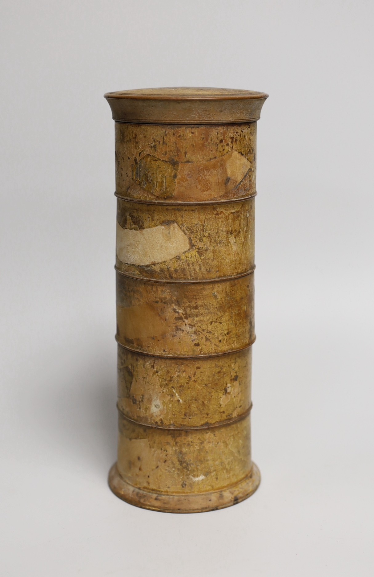 19th century and later treen including two mahogany candlestands, a spice tower and sycamore dish (6 in total)
